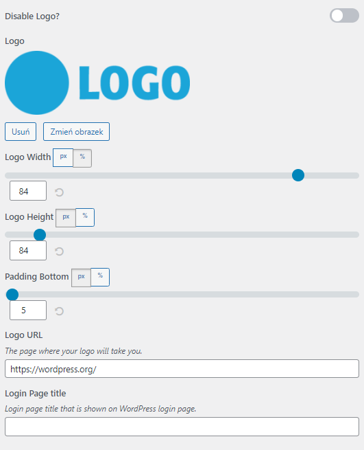 Spersonalizuj swoje logo, dodając plik i określając parametry wyświetlanego obrazu na stronie logowania WordPress