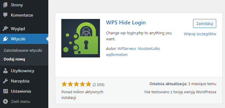Instalacja i aktywacja wtyczki WPS Hide Login w panelu WordPress - zmiana adres URL logowania do zaplecza WordPress