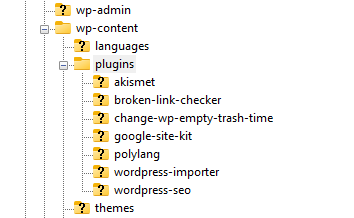 Po zalogowaniu do serwera FTP, w katalogu instalacji WordPress, zmień nazwę folderu wtyczki, aby ją wyłączyć.
